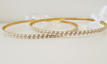 Load image into Gallery viewer, Evelyn (Gold) Stefana tied together with white satin ribbon.  Striking crystals with 3mm white pearls in a thick double row design on a Gold plated band.
