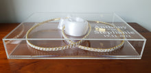 Load image into Gallery viewer, Evelyn (Gold) Stefana tied together with a white satin ribbon paired with a personalised acrylic keepsake Stefanothiki box.