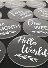Load image into Gallery viewer, Frosted Clear Acrylic Milestone Discs with White Writing and White Leaf Detail