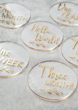 Load image into Gallery viewer, Clear Acrylic Round Milestone Discs with Gold Writing and Gold Leaf Detail