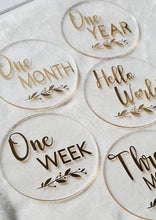 Load image into Gallery viewer, Clear Acrylic Milestone Discs with Gold Detail. Hello World, One Week, One Month, One Year.