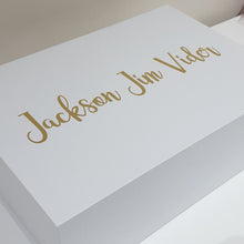 Load image into Gallery viewer, Gold Zavier font on White Box with Magnetic Lid