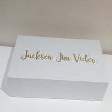 Load image into Gallery viewer, Gold Zavier font on White Box with Magnetic Lid