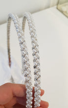 Load image into Gallery viewer, Evelyn (Silver) traditional Stefana Wedding Crowns made from elegant crystals paired with 3mm white pearls on a silver plated band and joined with satin white ribbon.