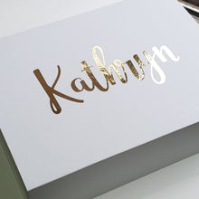 Load image into Gallery viewer, Gold Zavier font on White Box with Magnetic Lid