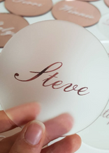 Load image into Gallery viewer, Frosted Round Acrylic Place Card Coaster with Rose Gold Name