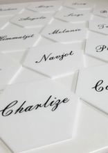 Load image into Gallery viewer, White Hexagon Acrylic Place Cards with Black Names