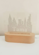 Load image into Gallery viewer, City Skyline Night Light with Personalised Name and Oval Base with LED lighting