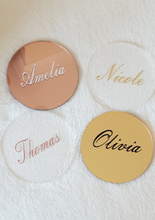Load image into Gallery viewer, Round Acrylic Place Card Coasters. Gold, Rose Gold, Silver, White and Clear.