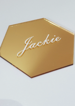 Load image into Gallery viewer, Gold Mirrored Acrylic Hexagon Place Card with White Name