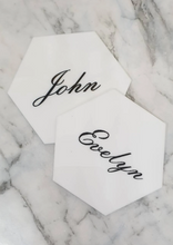 Load image into Gallery viewer, White Acrylic Hexagon Place Cards with Black Names