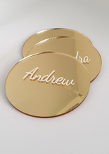 Load image into Gallery viewer, Gold Round Acrylic Place Card Coasters with White Names