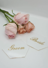 Load image into Gallery viewer, Clear Acrylic Hexagon Place Cards with Gold Bride and Groom
