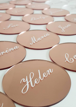 Load image into Gallery viewer, Rose Gold Acrylic Round Place Card Coasters with White Names