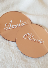 Load image into Gallery viewer, Rose Gold Round Acrylic Place Card Coasters with White Names