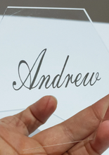 Load image into Gallery viewer, Clear Acrylic Hexagon Place Card with Silver Name
