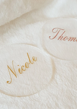 Load image into Gallery viewer, Clear Acrylic Round Place Card Coasters with Gold and Rose Gold Names