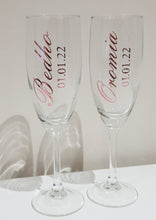 Load image into Gallery viewer, Bride and Groom Champagne Flutes personalised with Rose Gold names and dates