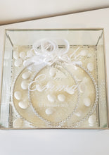 Load image into Gallery viewer, Evelyn (Silver) traditional Stefana Wedding Crowns made from elegant crystals and 3mm white pearls on a silver plated band. Paired with a personalised glass stefanothiki. Traditional sugared almonds and rice included.
