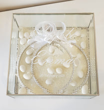 Load image into Gallery viewer, Glass Stefanothiki with Evelyn Silver Stefana, White Personalised Details, Sugared Almonds and Rice
