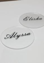 Load image into Gallery viewer, Frosted Clear Round Acrylic Place Card Coasters with Black Names
