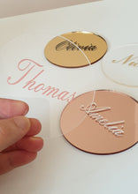 Load image into Gallery viewer, Round Acrylic Place Card Coasters. Gold, Rose Gold, Silver, White and Clear.
