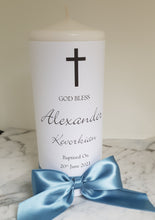 Load image into Gallery viewer, Classic Baptism Candle with Black Text and Blue Bow
