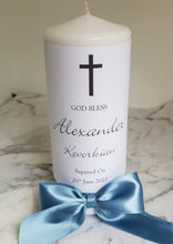 Load image into Gallery viewer, Baptism Candle with Black Text and Blue Bow
