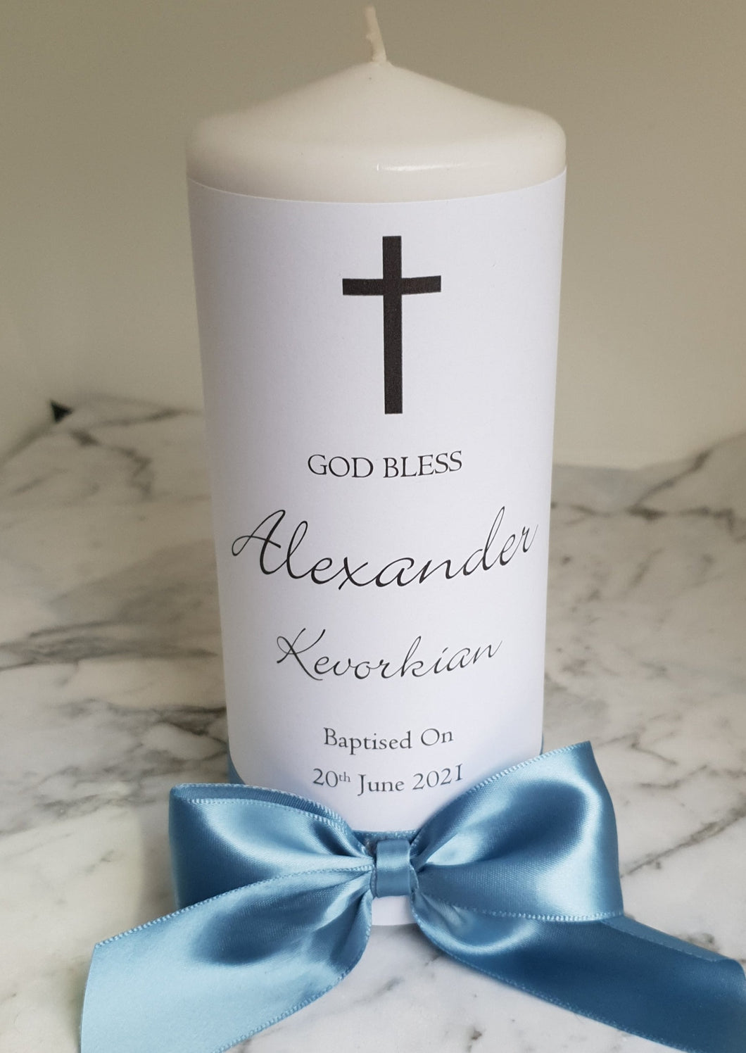 Baptism Candle with Black Text and Blue Bow