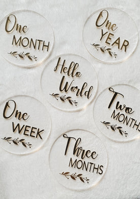 Clear Acrylic Round Milestone Discs with Gold Writing and Gold Leaf Detail