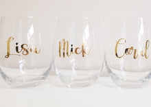 Load image into Gallery viewer, Stemless wine glasses with gold names
