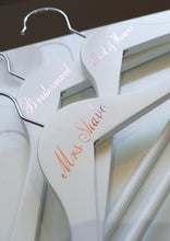 Load image into Gallery viewer, Bridal Party White Wooden Coat Hangers with Rose Gold Names
