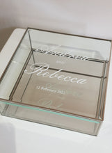 Load image into Gallery viewer, Glass Keepsake Box with Silver Trim and Mirrored Base. Personalised with white names and date.
