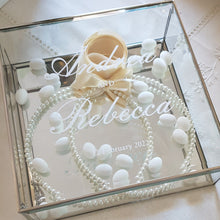 Load image into Gallery viewer, Glass Keepsake Box (Stefanothiki) with Pearl Stefana Wedding Crowns and white personalised name and date
