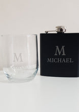 Load image into Gallery viewer, Groomsman Scotch Glass with initial and title in etch look with matching black hip flask.
