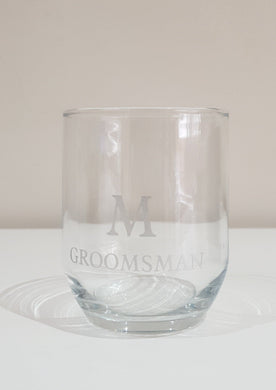 Groomsman Scotch Glass with etched look initial and title.