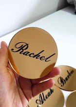 Load image into Gallery viewer, Gold Round Acrylic Place Card Coasters with Black Names
