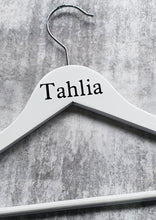 Load image into Gallery viewer, White Wooden Coat Hanger with Black Name
