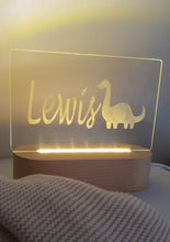 Load image into Gallery viewer, Dinosaur night light with warm white lighting and personalised name
