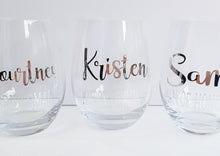 Load image into Gallery viewer, Bridal party stemless wine glasses with silver names and titles. 
