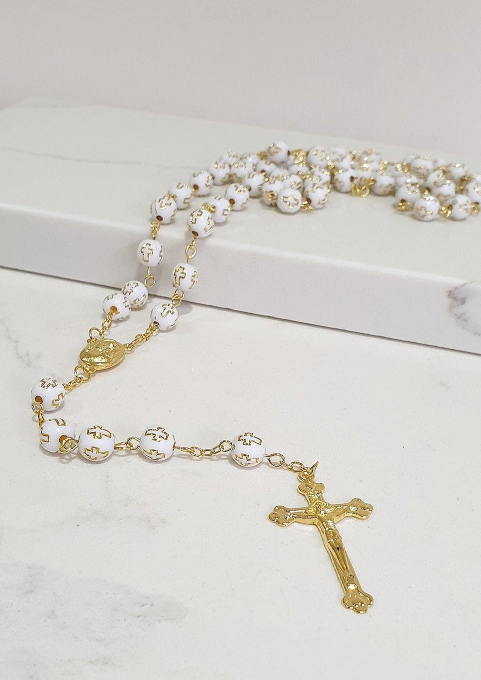 White and Gold Rosary Beads with Cross Detail