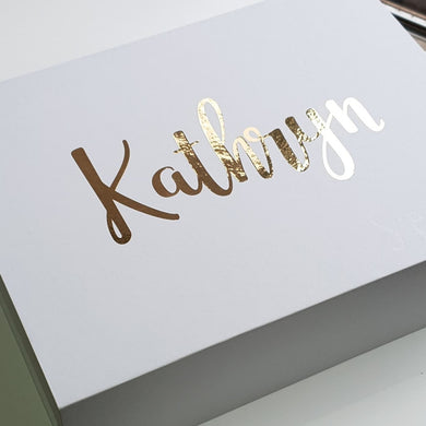 Gold Zavier font on White Box with Magnetic Lid