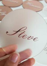 Load image into Gallery viewer, Frosted Round Acrylic Place Card Coaster with Rose Gold Name
