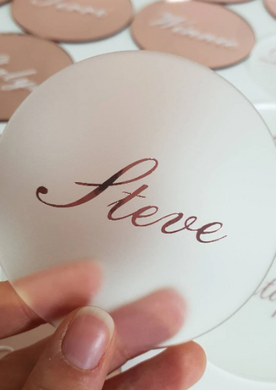 Frosted Round Acrylic Place Card Coaster with Rose Gold Name