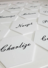 Load image into Gallery viewer, White Hexagon Acrylic Place Cards with Black Names
