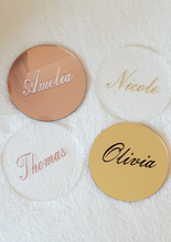 Load image into Gallery viewer, Round Acrylic Place Card Coasters. Gold, Rose Gold, Silver, White and Clear.
