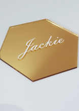 Load image into Gallery viewer, Gold Mirrored Acrylic Hexagon Place Card with White Name
