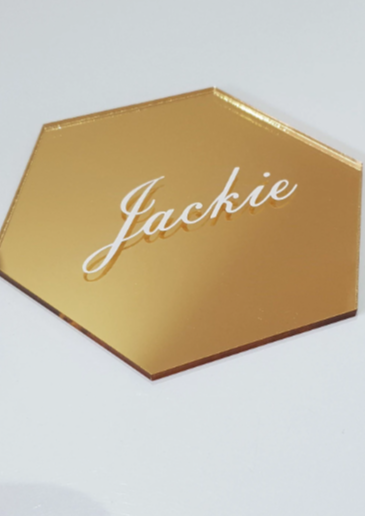 Gold Mirrored Acrylic Hexagon Place Card with White Name