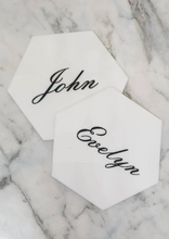 Load image into Gallery viewer, White Acrylic Hexagon Place Cards with Black Names
