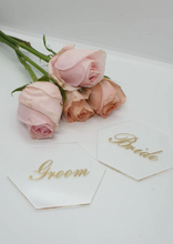 Load image into Gallery viewer, Clear Acrylic Hexagon Place Cards with Gold Bride and Groom
